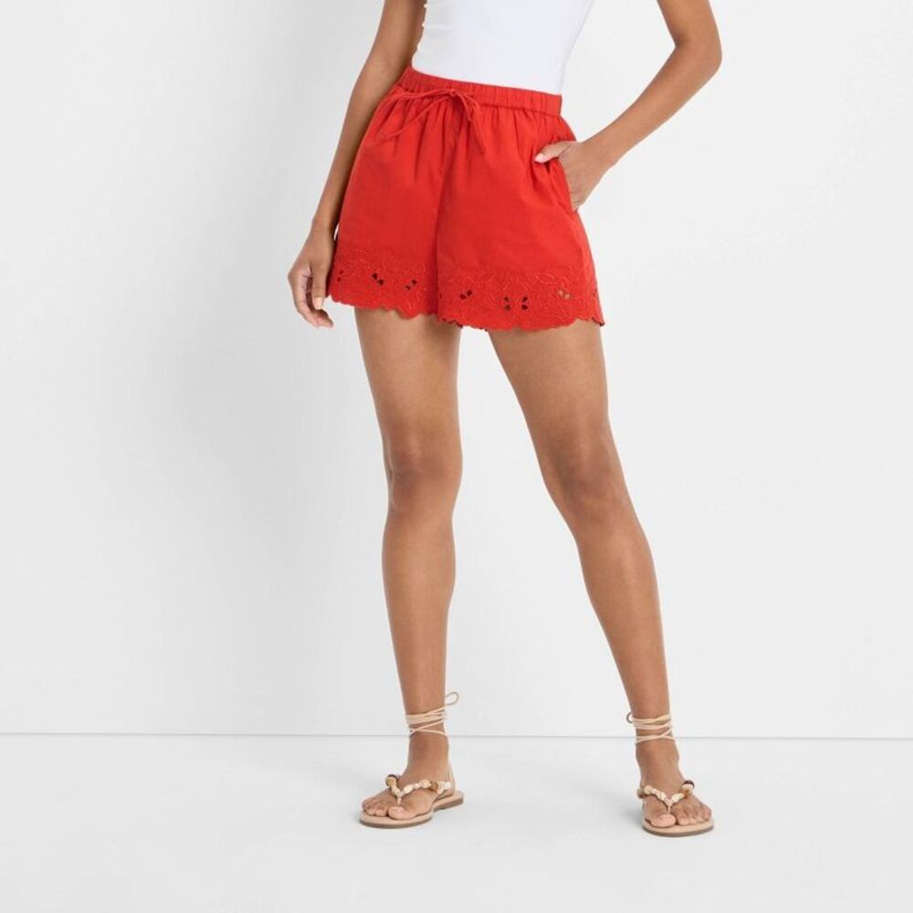 Women's High-Rise Eyelet Hem Poplin Pull-On Shorts - Future Collective Red XS
